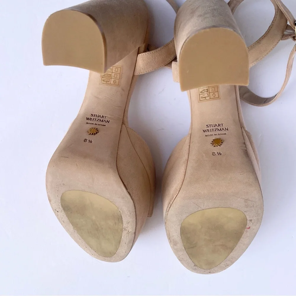 Stuart Weitzman Ryder Ankle-Buckle Platform‎ Sandals in Dune Suede
